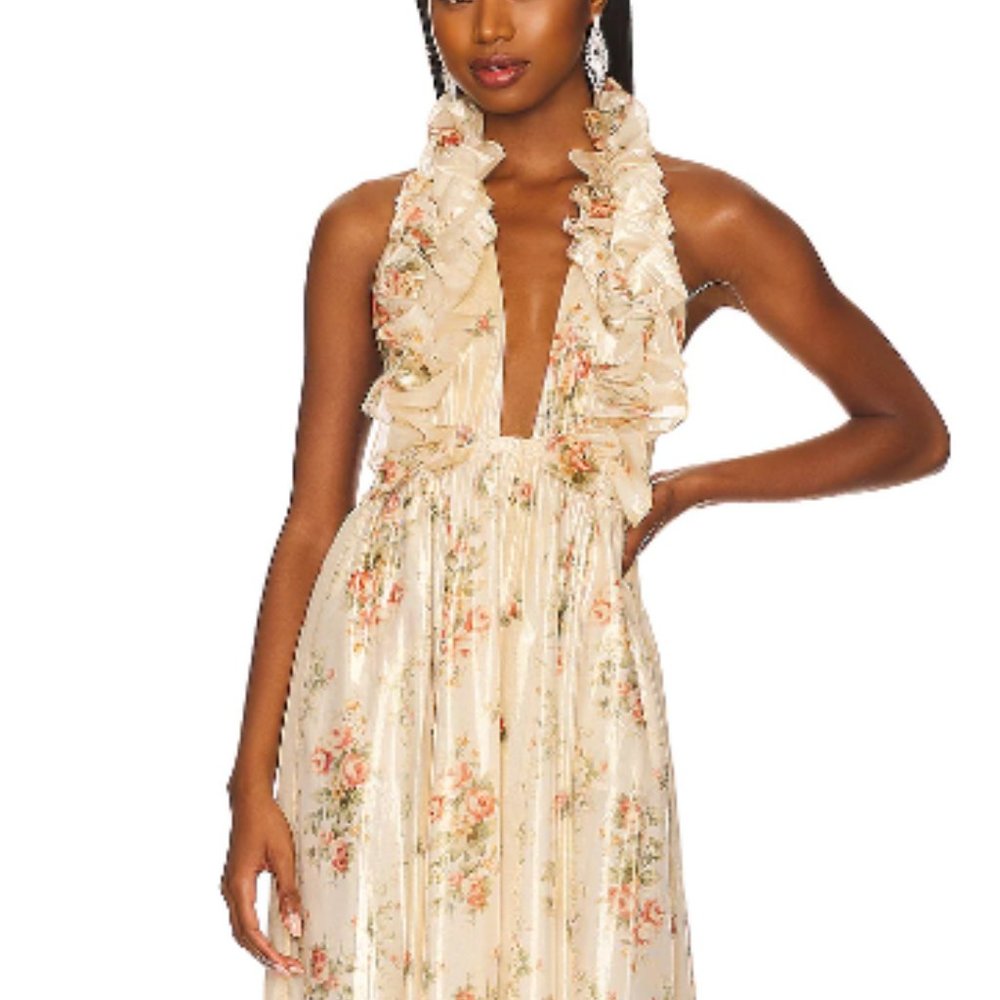 LoveShackFancy Cream Floral Ruffle Halter Maxi Dress